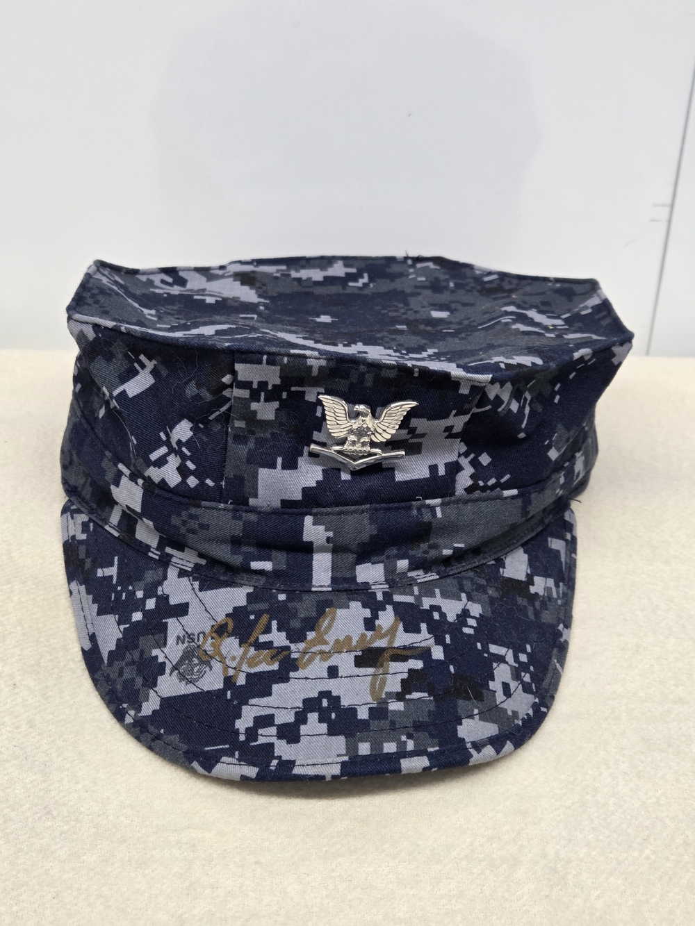 U.S. Navy Blue Digital Camo 8-point Utility Cap Signed By R. Lee Ermey